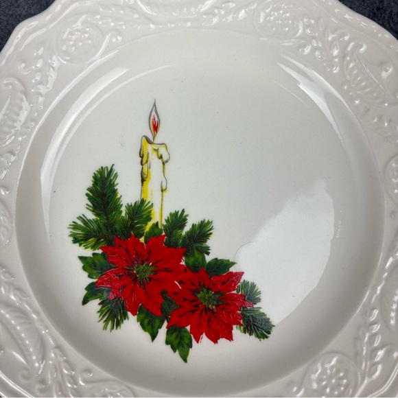 Set of 4 Adam Antique Canonsburg Pottery Candle & Red Poinsetta Salad Plates Vtg - Picture 2 of 12